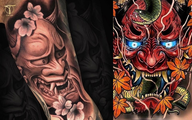devil face thigh tattoo