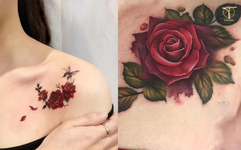 hình xăm ngực phái nữ với hoa hồng