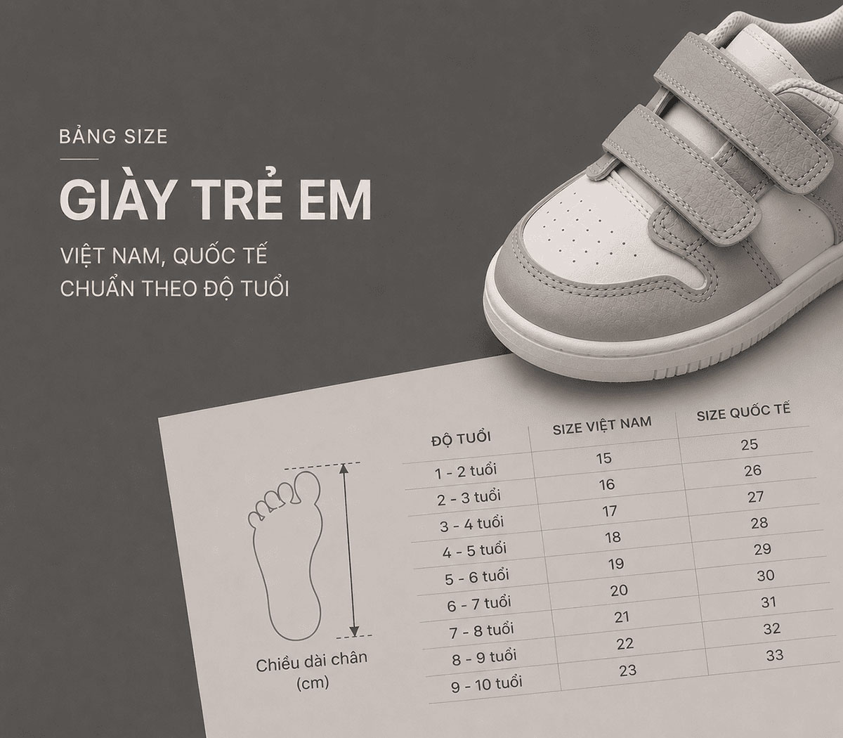 Bảng size giày trẻ em Việt Nam, Quốc Tế chuẩn theo độ tuổi