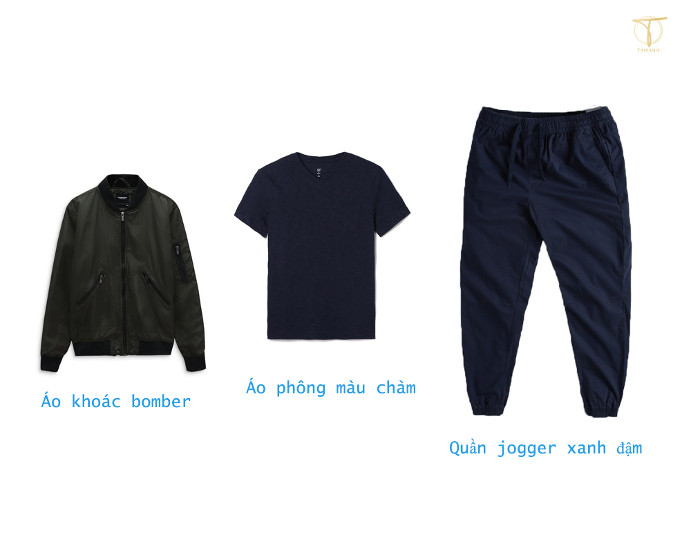 Áo phông màu chàm kết hợp khoác bomber và quần jogger xanh đậm