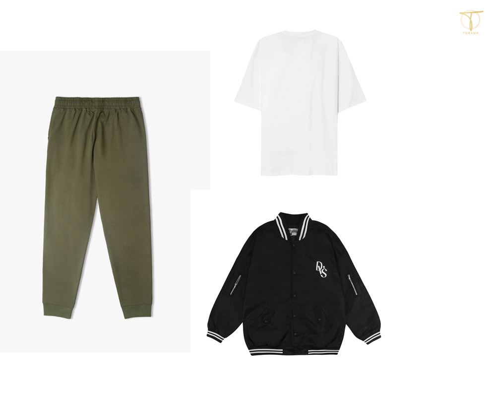 Mix quần jogger xanh rêu với áo phông trắng và một chiếc bomber đen khoác bên ngoài