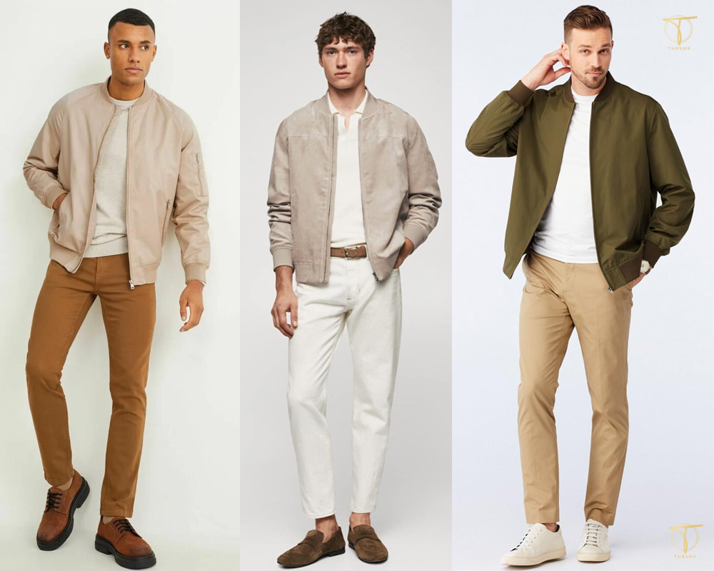 Quần kaki nam + giày da lộn bụi bặm và áo bomber