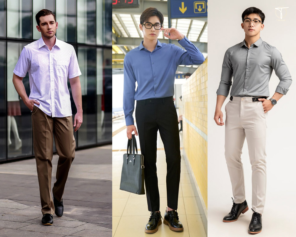 Phối giày da bóng với quần kaki và sơ mi lịch lãm