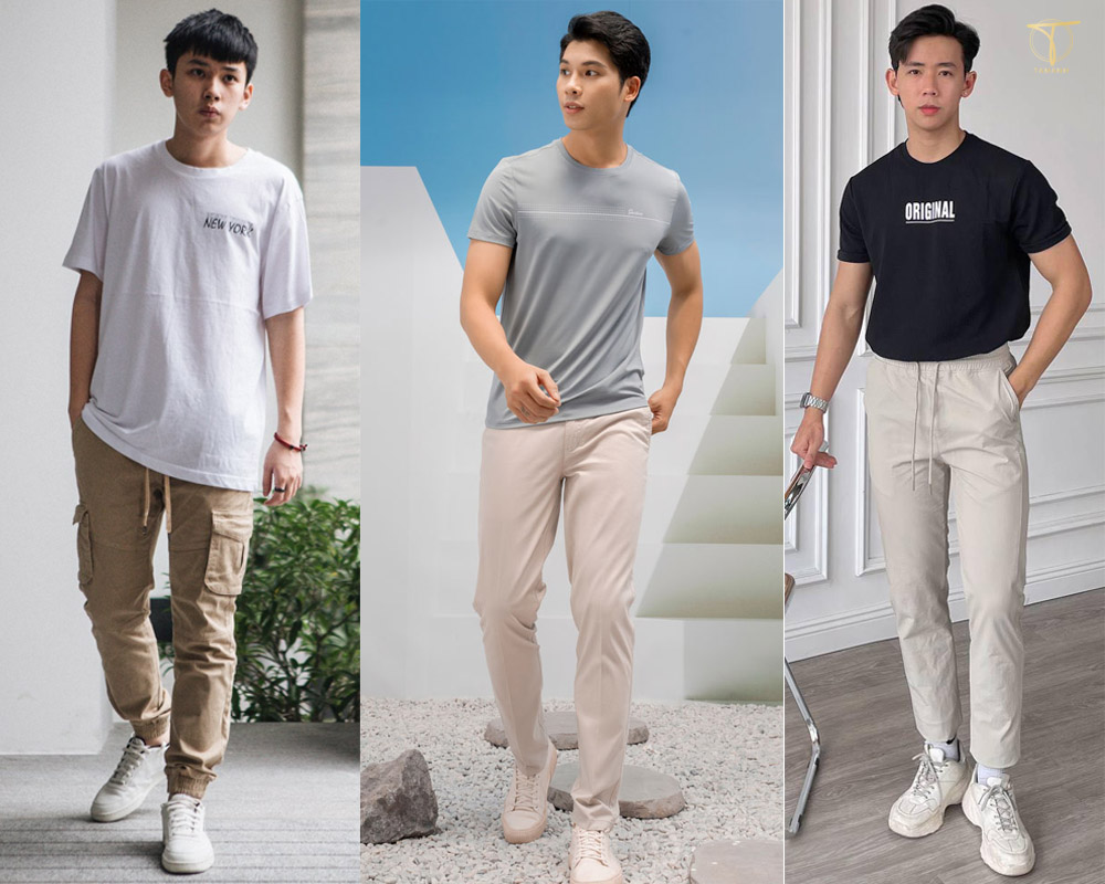 Quần kaki nam với giày thể thao và áo phông