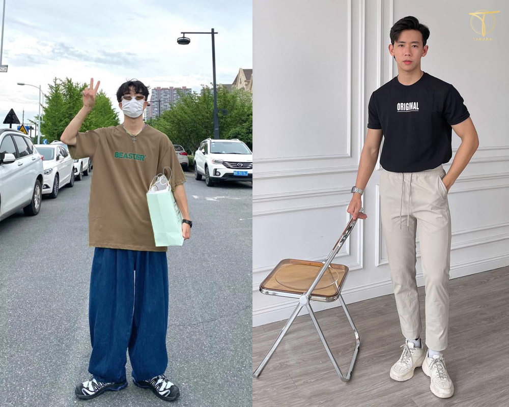 10+ Cách phối đồ cho nam cao 1m7 theo gợi ý của fashionista 6 Mặc áo thun tối màu cùng quần jeans ống rộng