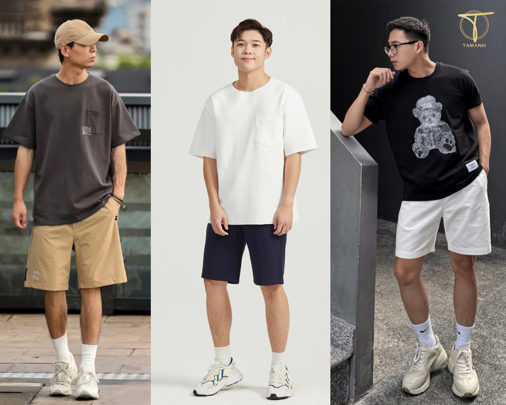 Áo thun + Quần short + giày sneaker năng động