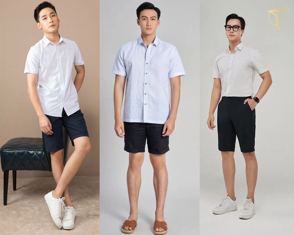 Cách phối đồ trắng đen nam đơn giản nhưng vẫn đủ tạo điểm nhấn 4 Lên đồ với áo sơ mi cộc tay trắng và quần short đen