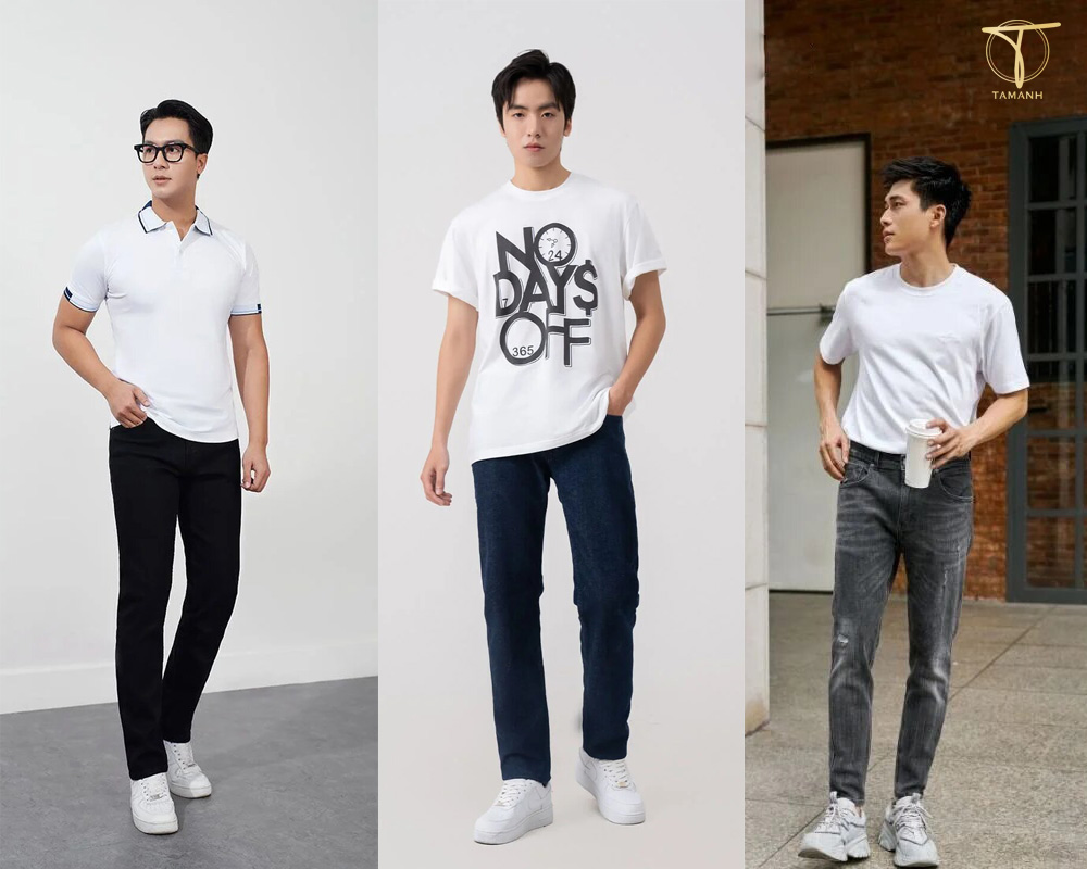Cách phối đồ trắng đen nam đơn giản nhưng vẫn đủ tạo điểm nhấn 5 Phối đồ trắng đen nam basic với áo phông trắng + quần jean đen