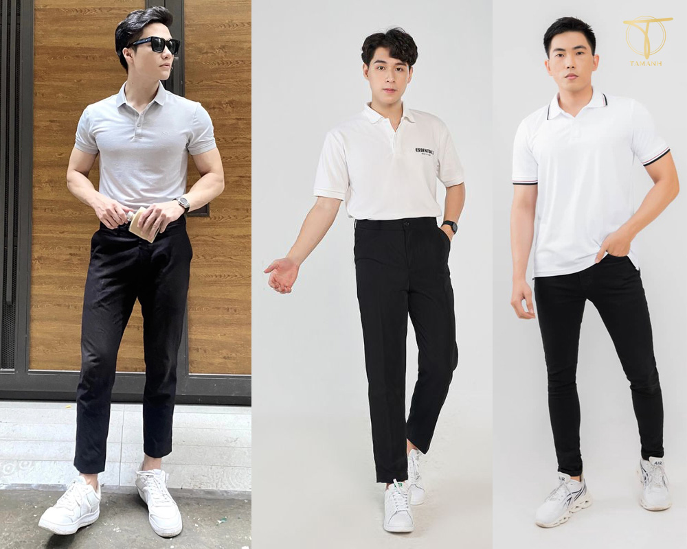 Cách phối đồ trắng đen nam đơn giản nhưng vẫn đủ tạo điểm nhấn 6 Phối đồ chuẩn lịch lãm với áo polo trắng và quần tây đen
