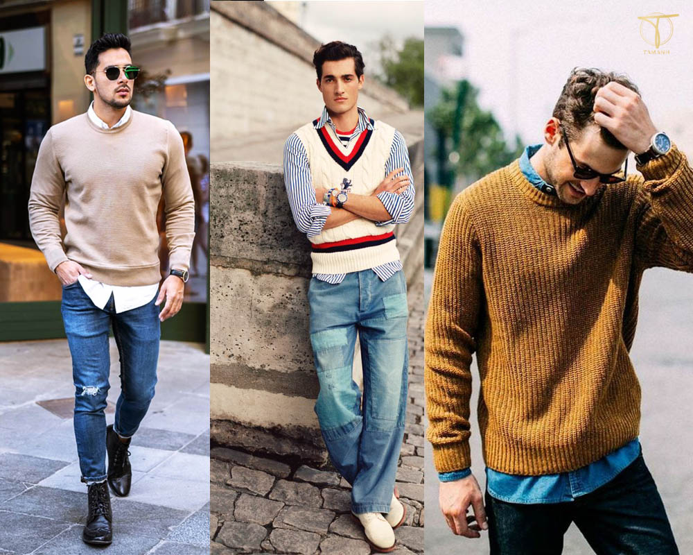 Mix áo sơ mi cùng sweater với quần jean hoặc quần âu