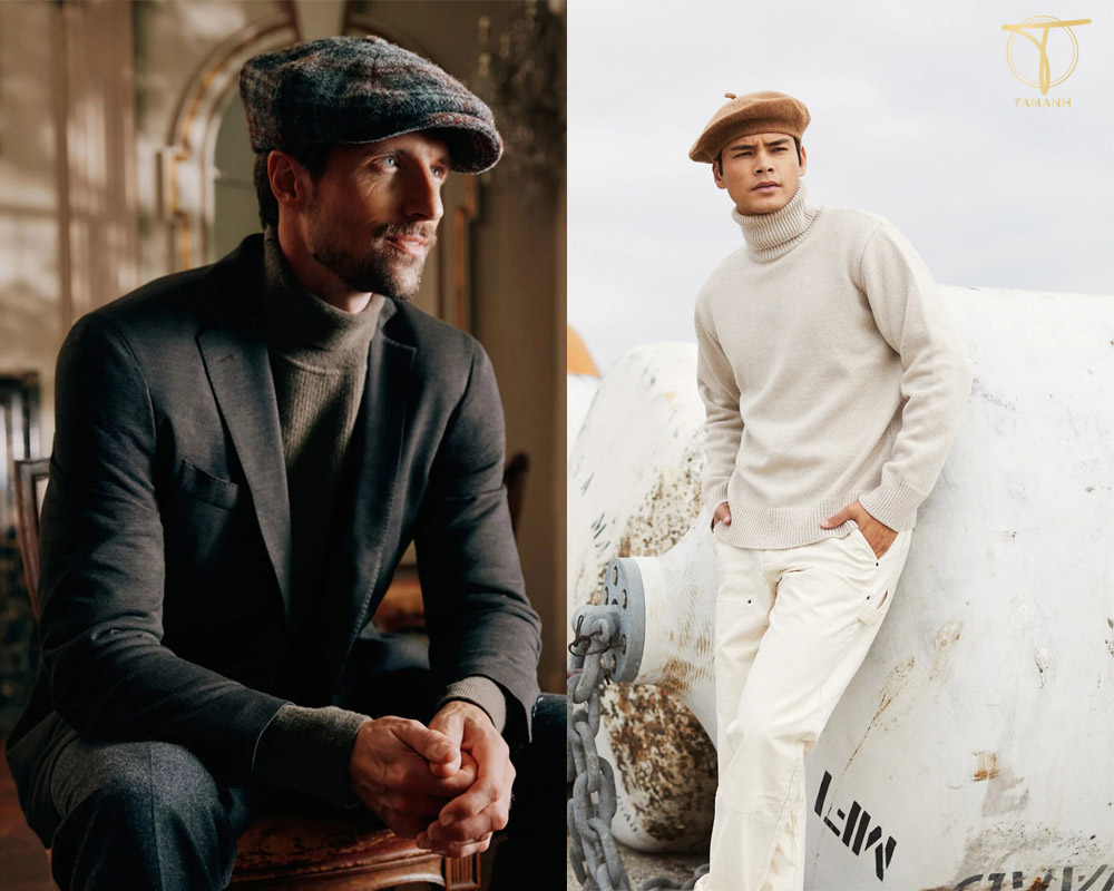 Trang phục mùa đông cùng áo len cổ lọ và mũ len nam beret