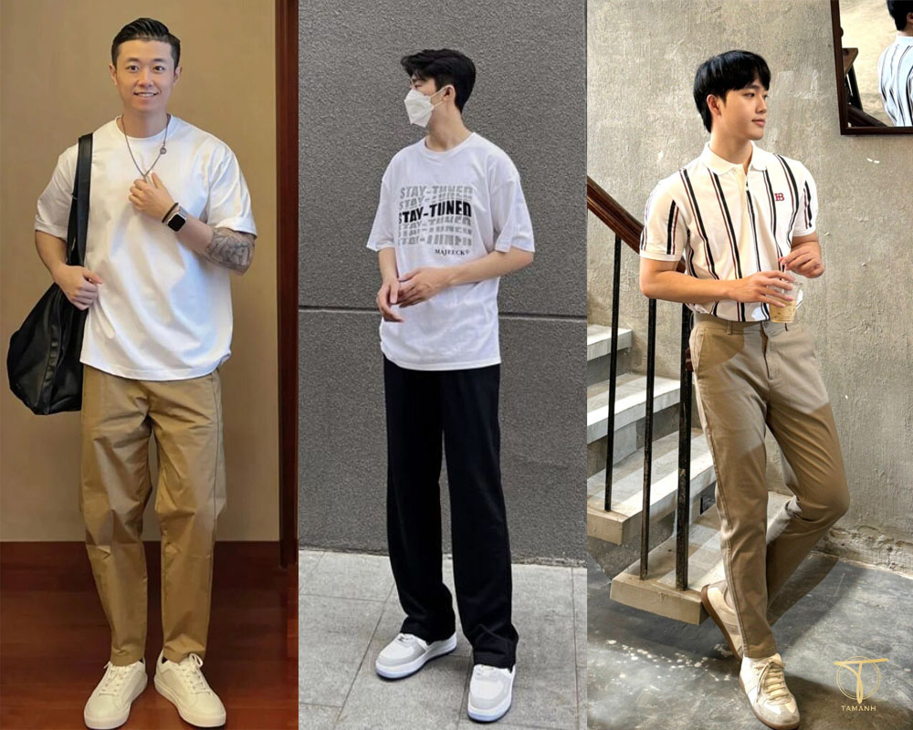 Phối đồ Noel nam, mẹo mix outfit Giáng sinh đẹp cho nam 10 Áo thun và quần chinos – Sự giản đơn không bao giờ lỗi mốt