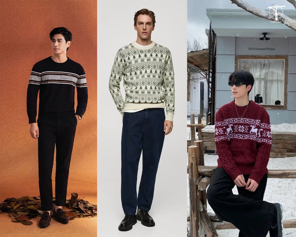 Phối đồ Noel nam, mẹo mix outfit Giáng sinh đẹp cho nam 6 Phối quần jeans và áo len họa tiết noel