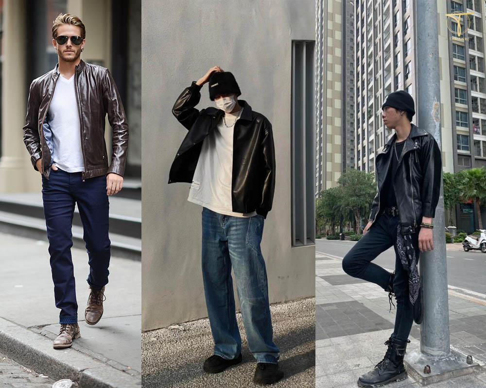 Phối đồ Noel nam, mẹo mix outfit Giáng sinh đẹp cho nam 7 Cool ngầu khi mix quần jeans và áo da