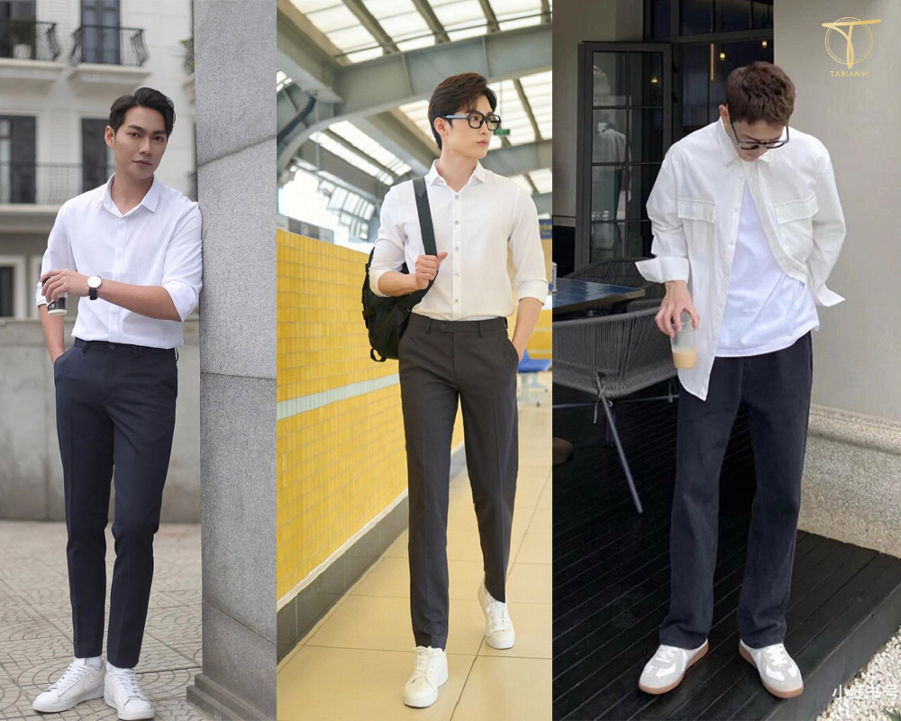 Phối màu với áo sơ mi trắng và quần màu tương phản