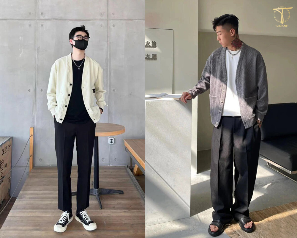 Áo cardigan kết hợp với áo thun trơn