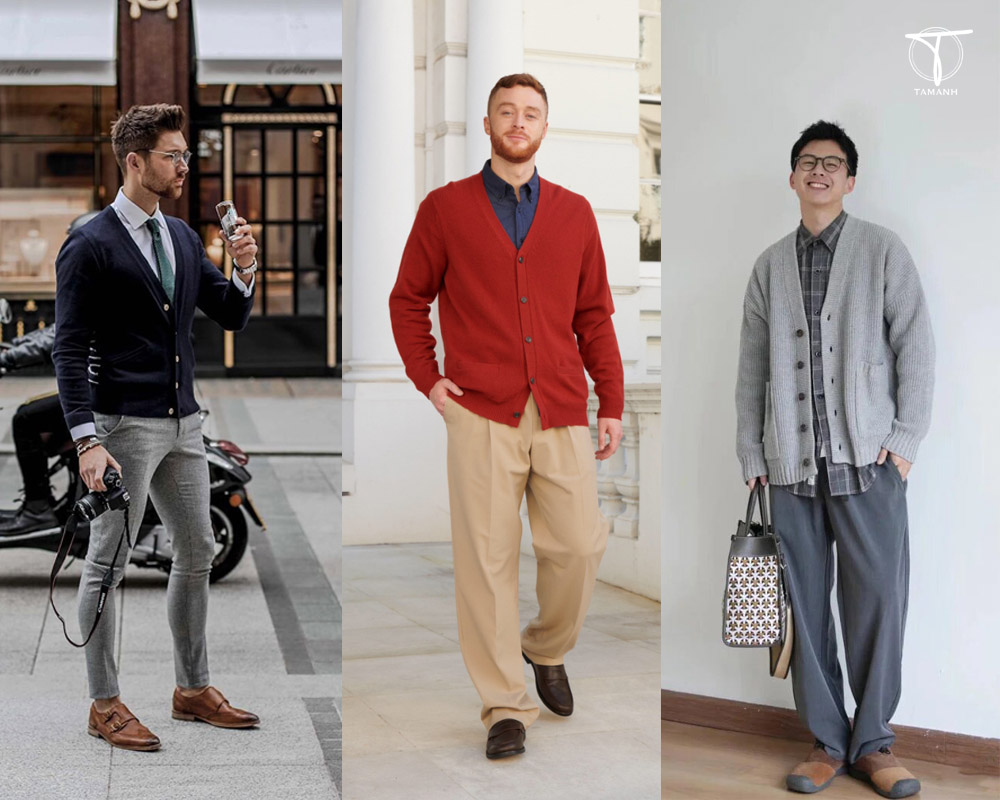 Phối đồ với áo cardigan nam cùng sơ mi + cà vạt