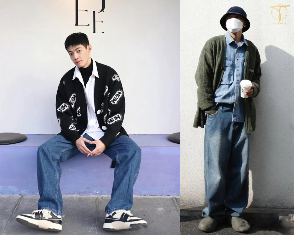 Phối áo cardigan với quần jean nam theo style Hàn Quốc