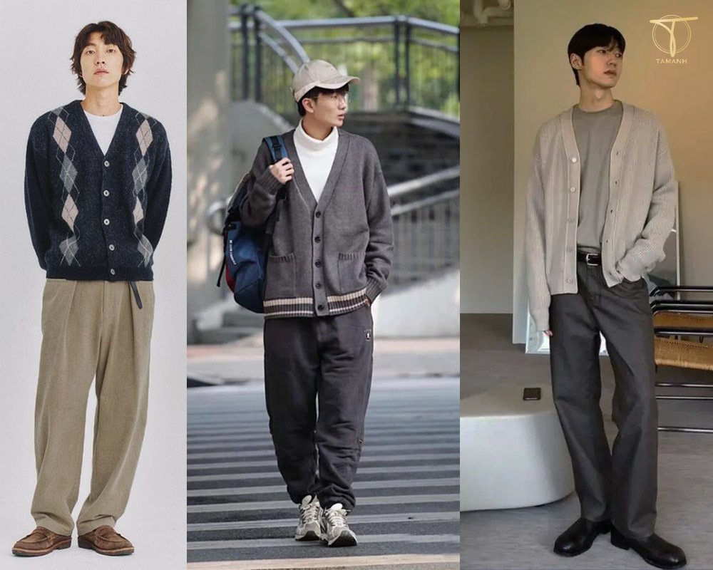 Áo cardigan phối với quần ống rộng