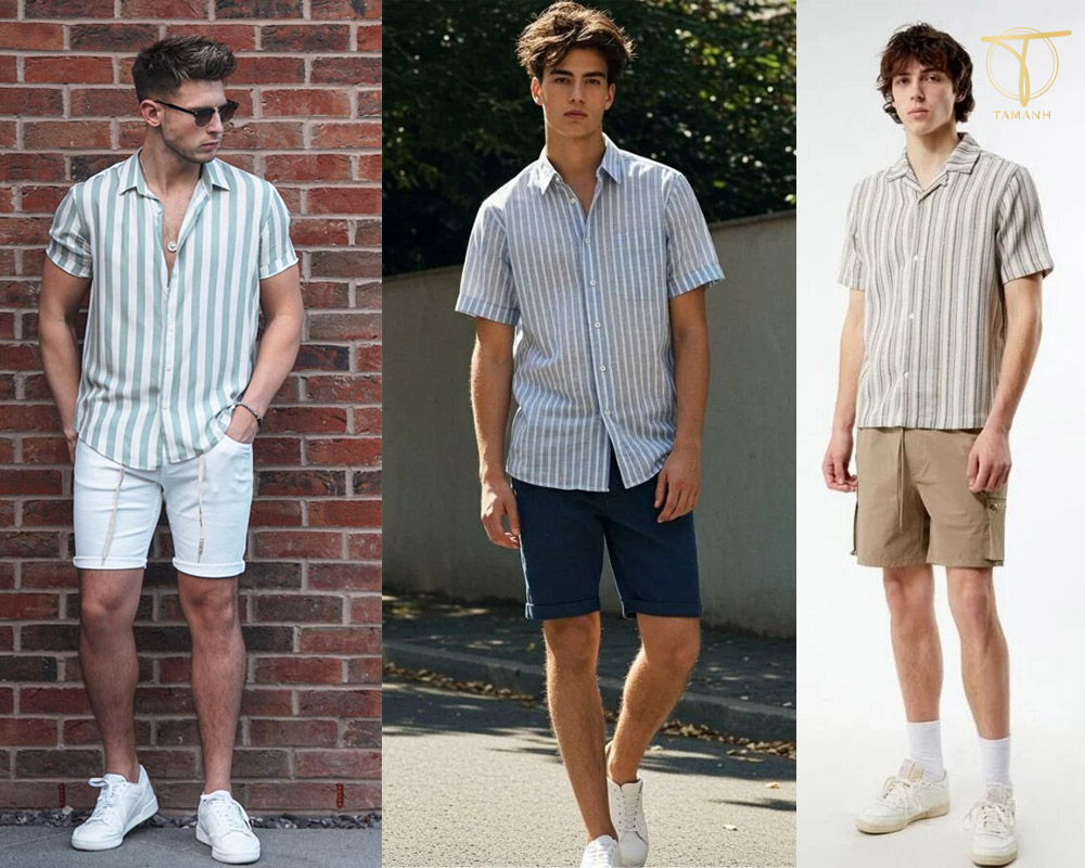 Sơ mi kẻ sọc phối với quần short trẻ trung