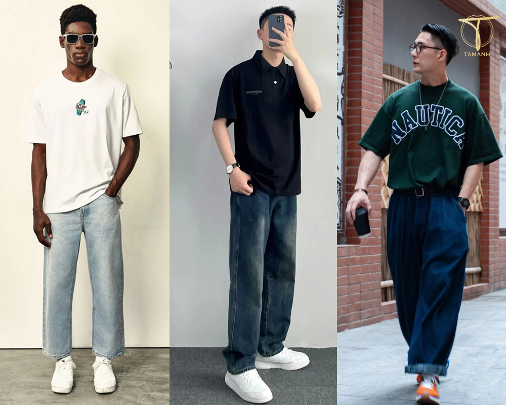 Casual với áo thun trơn + jeans ống suông + Sneaker trắng