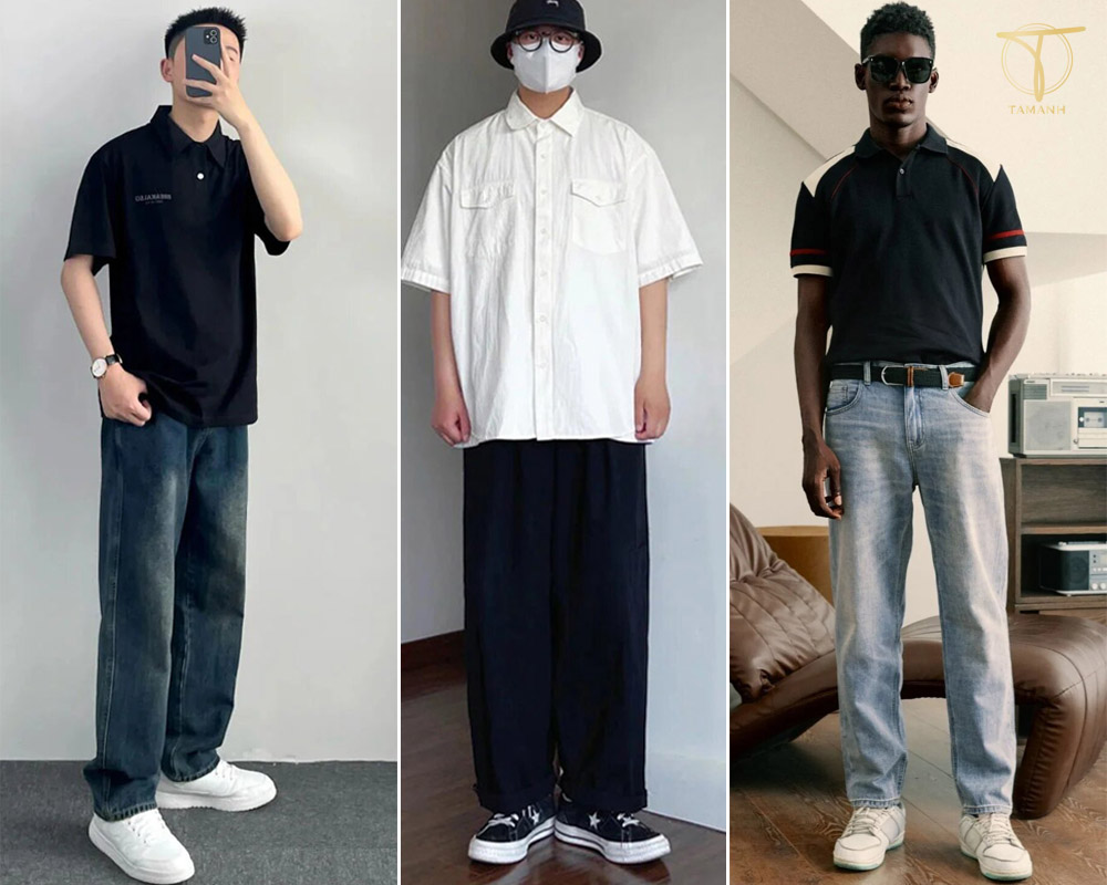 Áo polo phối với quần ống suông tối màu và sneaker 