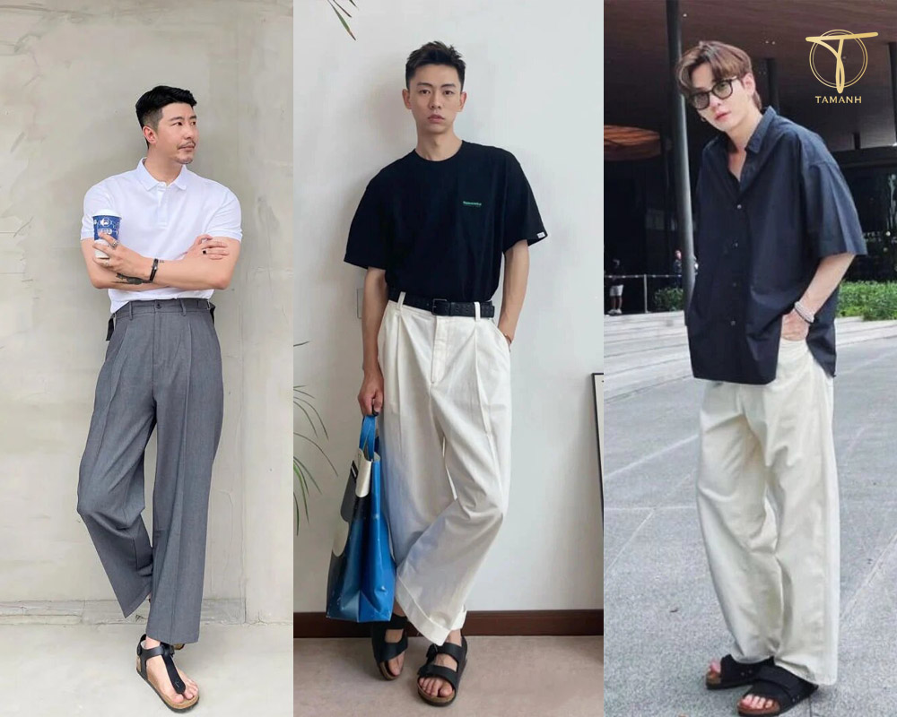 Sơ mi ngắn tay + kaki ống suông sáng màu + sandals quai ngang