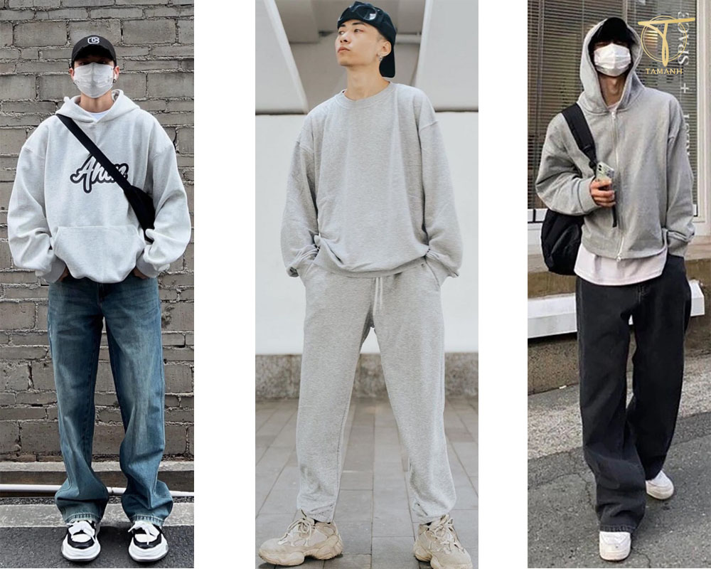 Áo hoodie/sweater oversize + Quần ống suông + Giày Chunky
