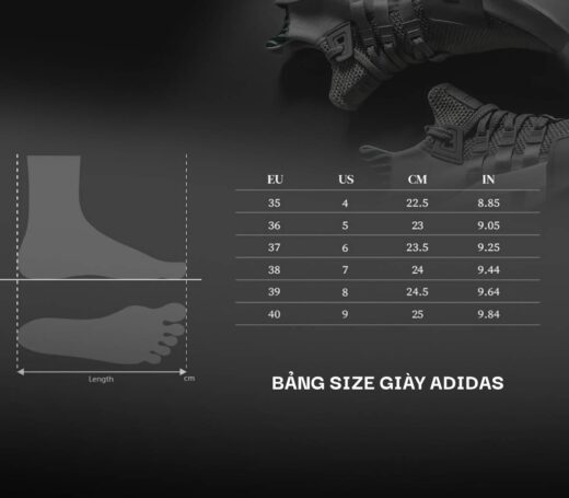 Bảng size giày Adidas chuẩn cho nam, nữ, trẻ em