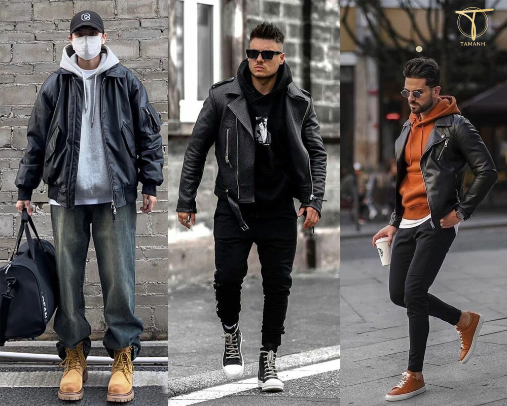 Hoodie + quần kaki + sneakers và áo khoác da Field