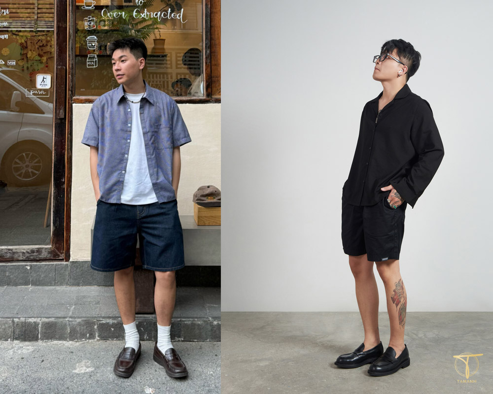 Quần short phối với giày Loafer Chunky