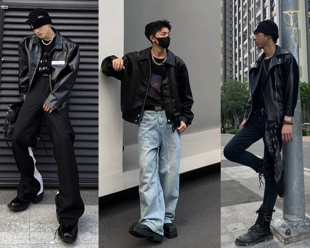 Quần skinny jeans + áo thun + áo khoác da và giày Boot Chunky