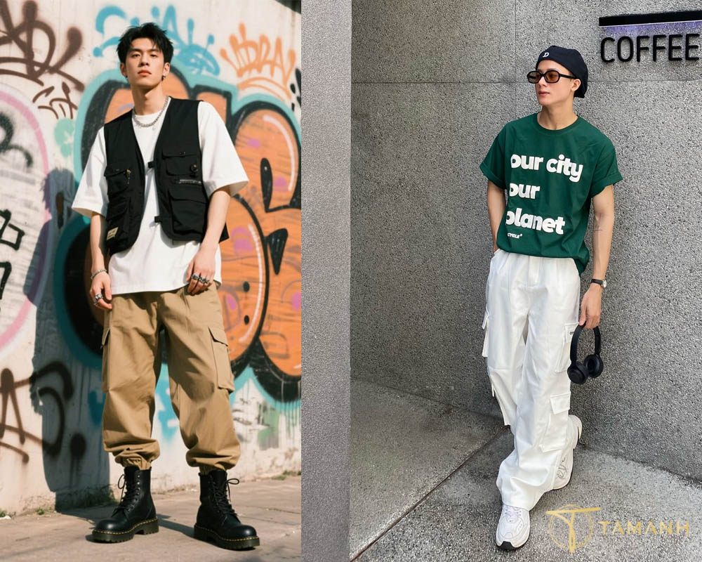 Cá tính với giày chunky + quần cargo + áo oversize