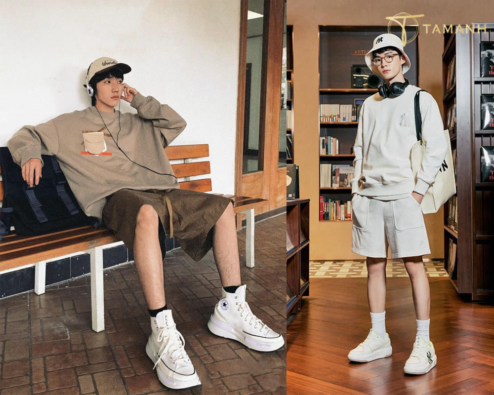 Sneaker Chunky cùng áo thun trơn và quần short